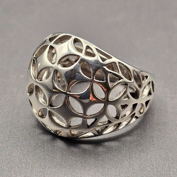 NF Sterling Silver Dome Ring Size 7 Star Cutouts Thailand Latticework 5.09g - Picture 1 of 9